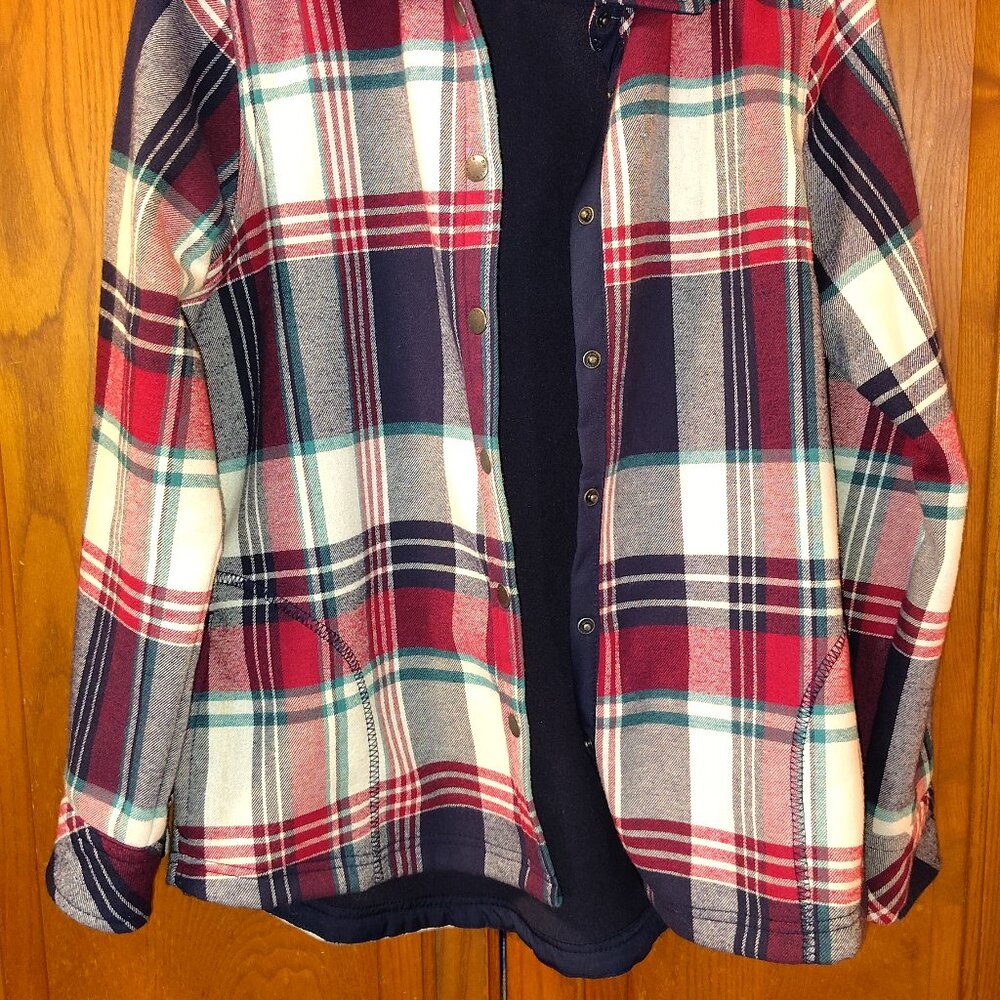 Orvis Fleece Lined Flannel Shirt Womens Medium Shacket Snap Jacket Plaid Red Blu - Picture 3 of 7